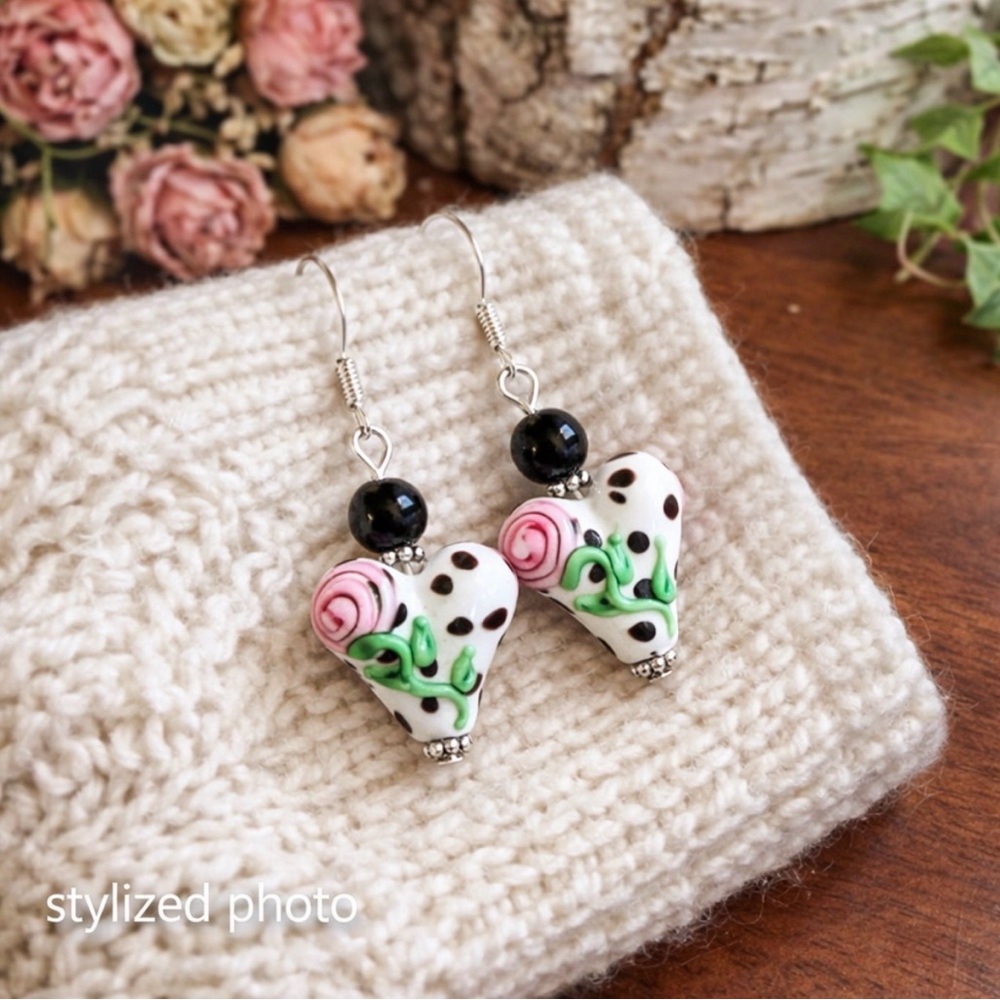 Artisan Lampwork Heart Earrings Pink Rose Polka Dot Glass Dangle